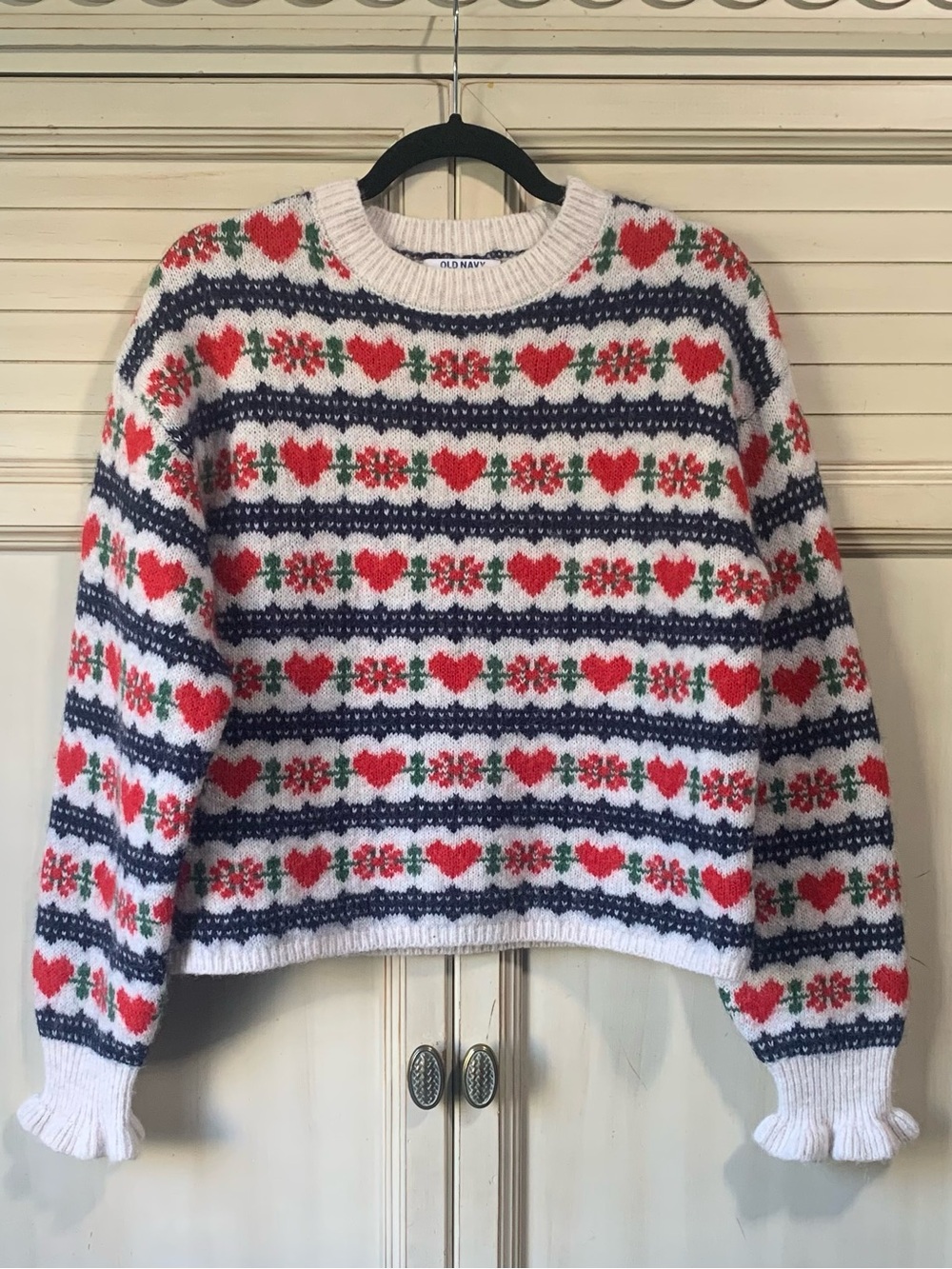 Old Navy Heart Sweater Women’s Size Medium 90s Y2K Fair Isle Granny Vintage